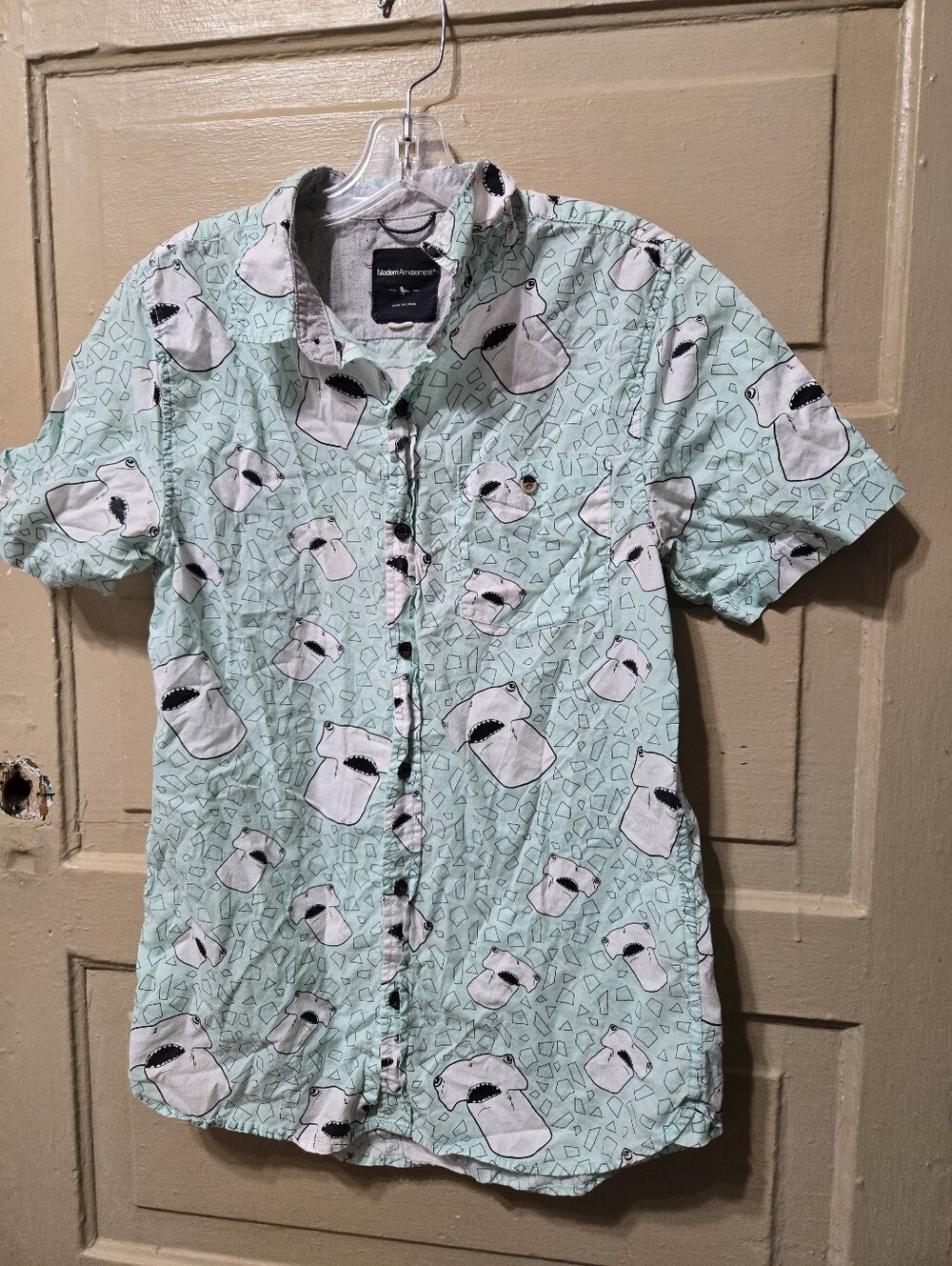 Modern Amusement Hammerhead Shark Novelty Graphic Short Sleeve Button Down Shirt